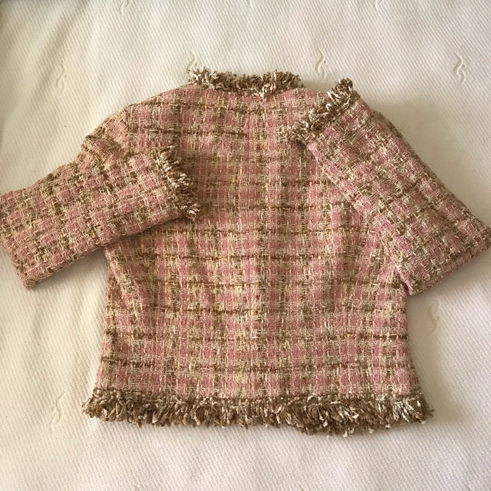 JON Designer Vtg Tweed Skirt Suit Pink Tan Bouclé Fringe Jacket 8 Nostalgic Rare - Picture 7 of 16